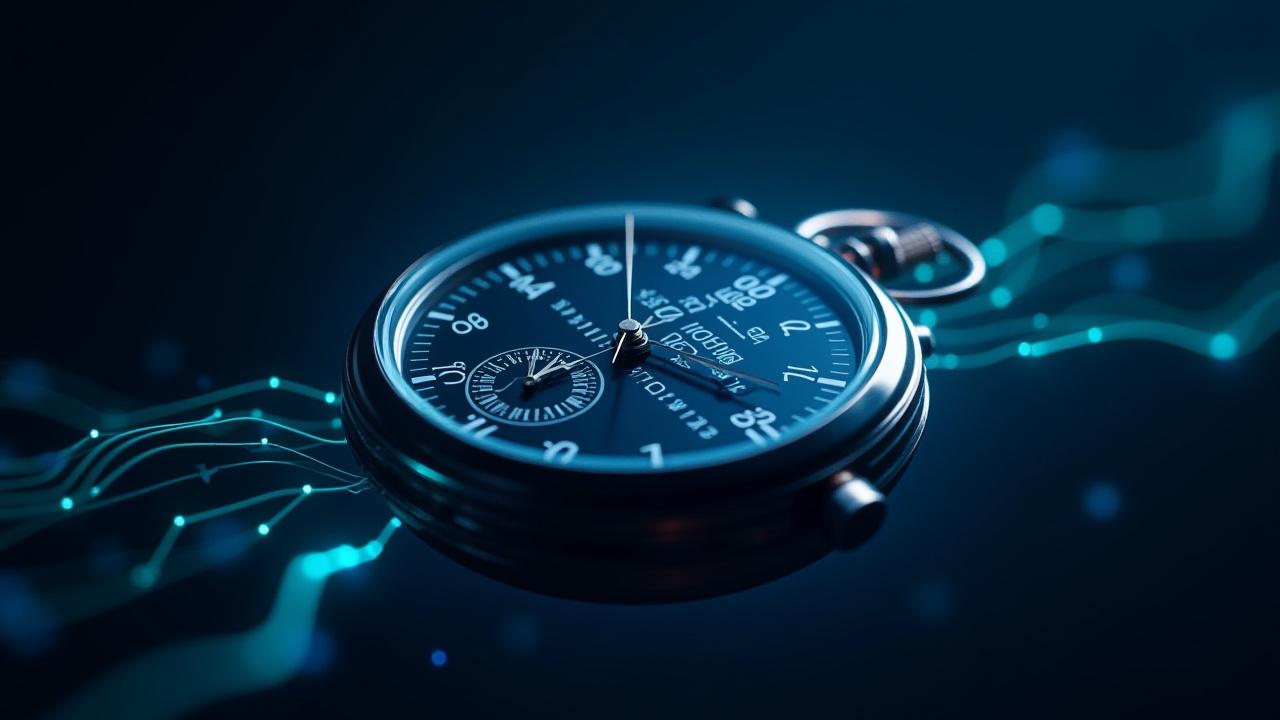 Abstract visualization of a high-tech stopwatch merging with Swift code syntax, representing build speed optimization